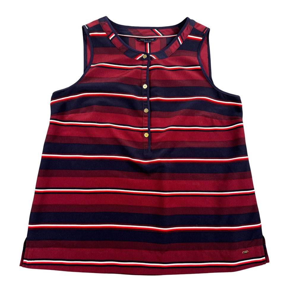 Tommy Hilfiger Womens Red Navy Striped Sleeveless Button Front Blouse Size M 864